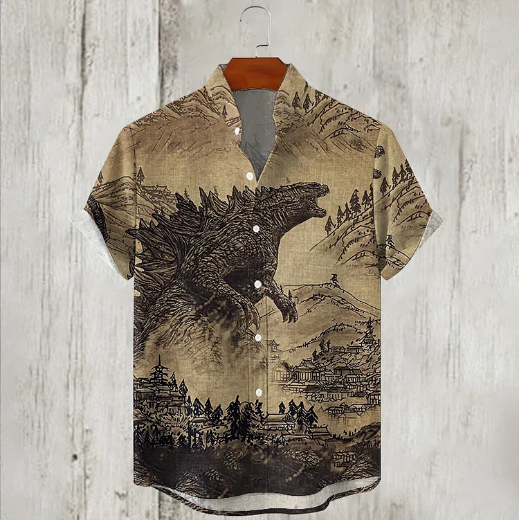 Abstract Creative Vintage Godzilla Japanese Art Print Casual Short Sleeve Shirt