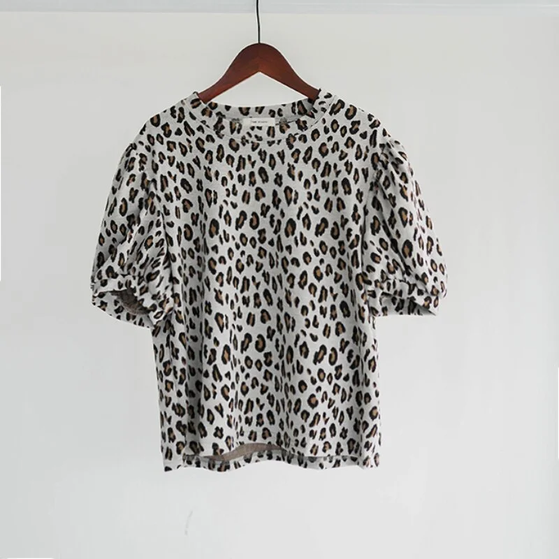 Lizkova Spring Leopard Print T Shirts Women 2021 Puff Sleeve Vintage Tops Mujer Harajuku O-neck Casual Femme T-shirts  TS6637