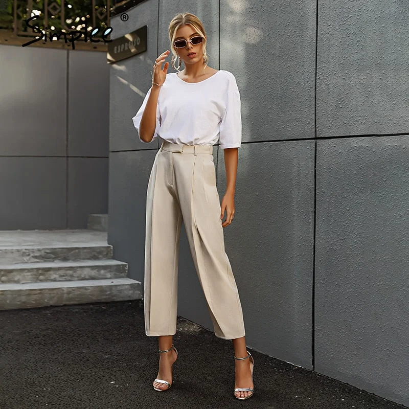 Simplee Solid high waist office lady trousers Loose casual apricot summer women pants High street style Harlan pleated trousers 929