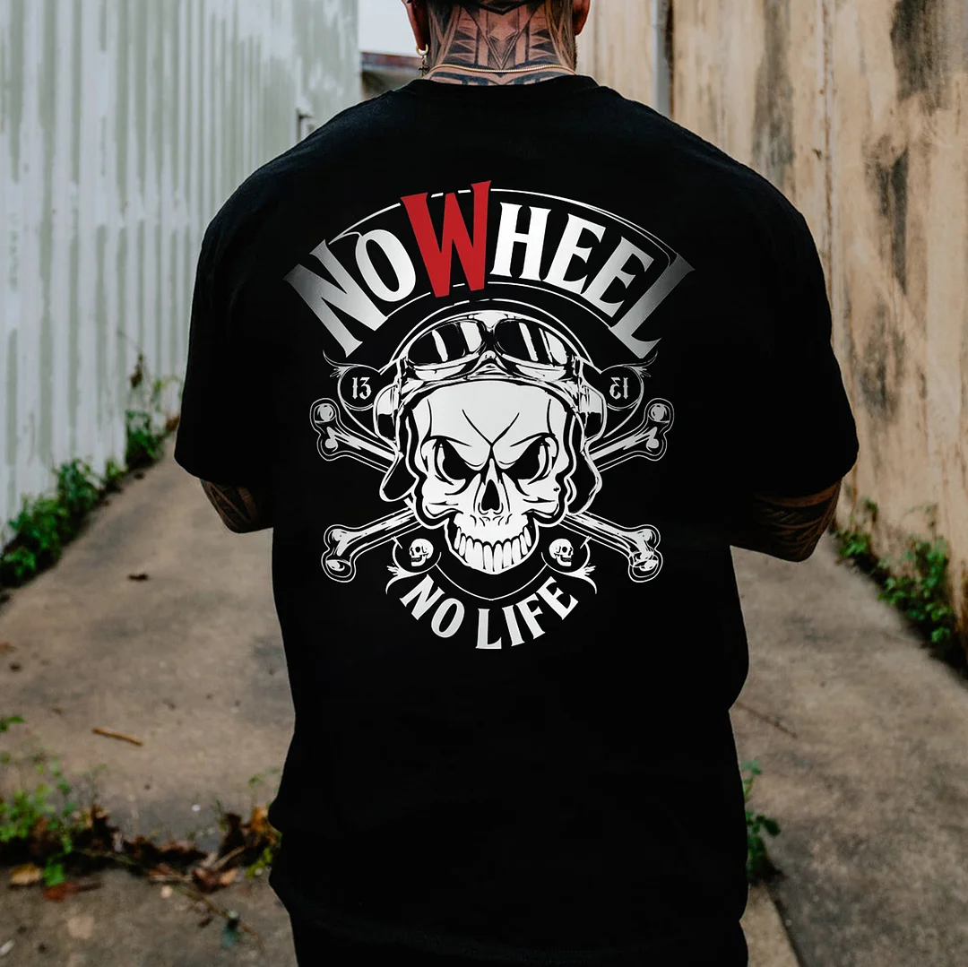NO WHEEL NO LIFE Helmet Skull Print Men's T-shirt