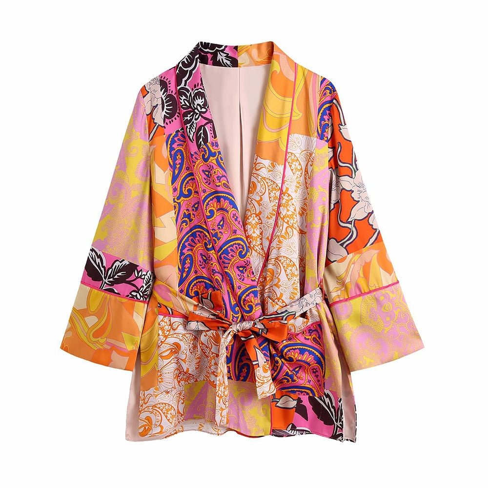 KPYTOMOA Women 2021 Fashion With Belt Printed Kimono Blouses Vintage Long Sleeve Side Vents Female Shirts Chic Tops