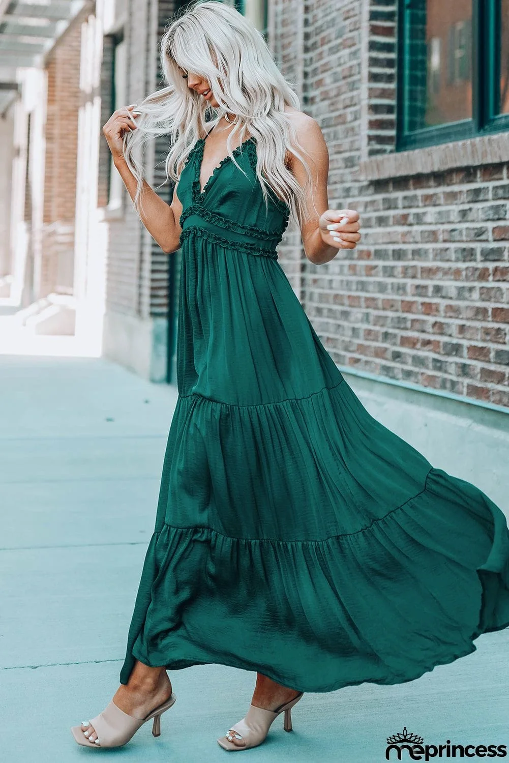 Cross Back Frilled Sleeveless Tiered Maxi Dress