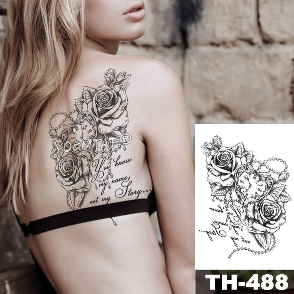 Heart shaped Clock Jewel Rose Waterproof Temporary Tattoo Sticker Black Arm Back Flowers Big Tatto Body Art Fake Tatoo For Women