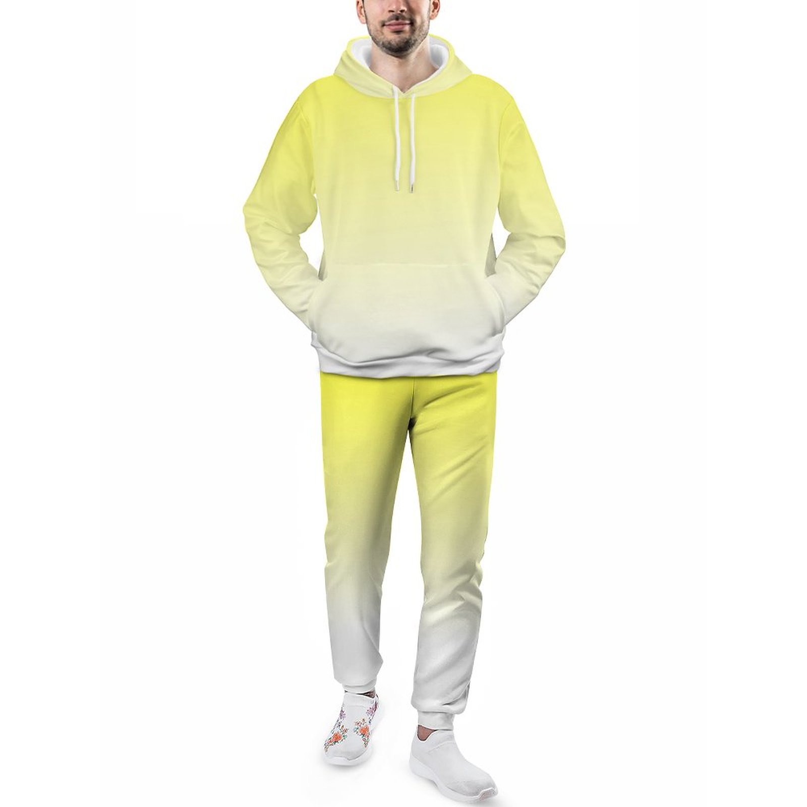 Bright Yellow Ombre Fashion Men's Sweatsuits Set Guys Streetwear Athletic Pullover And Sweatpants Suit Outfit S-5Xl