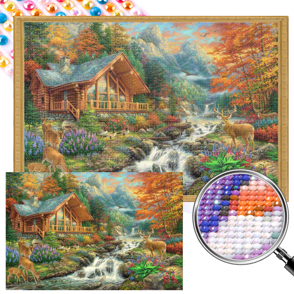 Cabin In The Woods 60*40cm(picture) full round drill diamond painting with 3 to 5 colors of AB drills