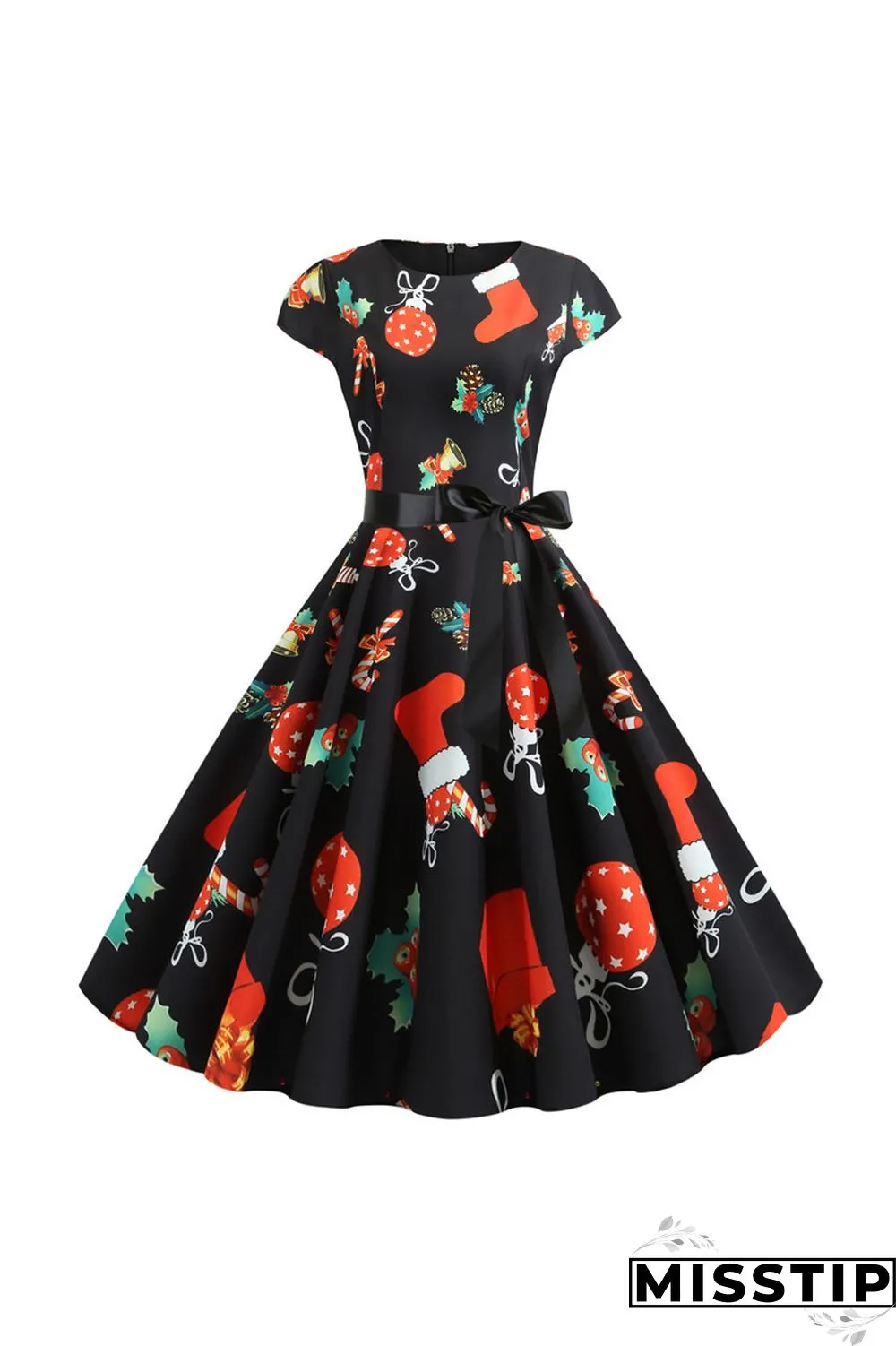 LeafPrint Christmas Short Sleeve Swing Dress