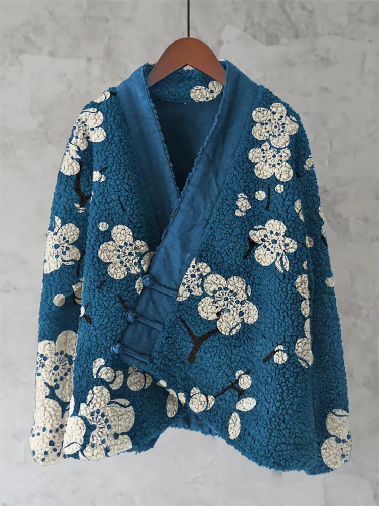 Cherry Blossom Japanese Lino Art Cozy Fleece Kimono Cardigan