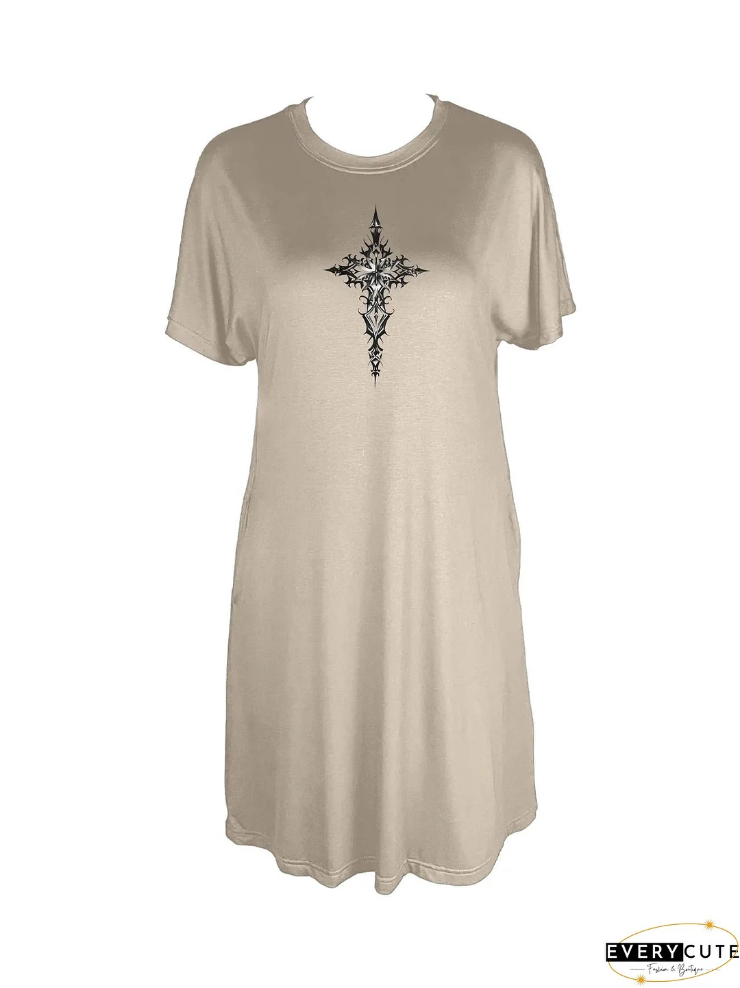 Elegant Gothic Cross Print Crew Neck Tee Dress Casual Short Sleeve Dress For Spring & Summer Women's Clothing