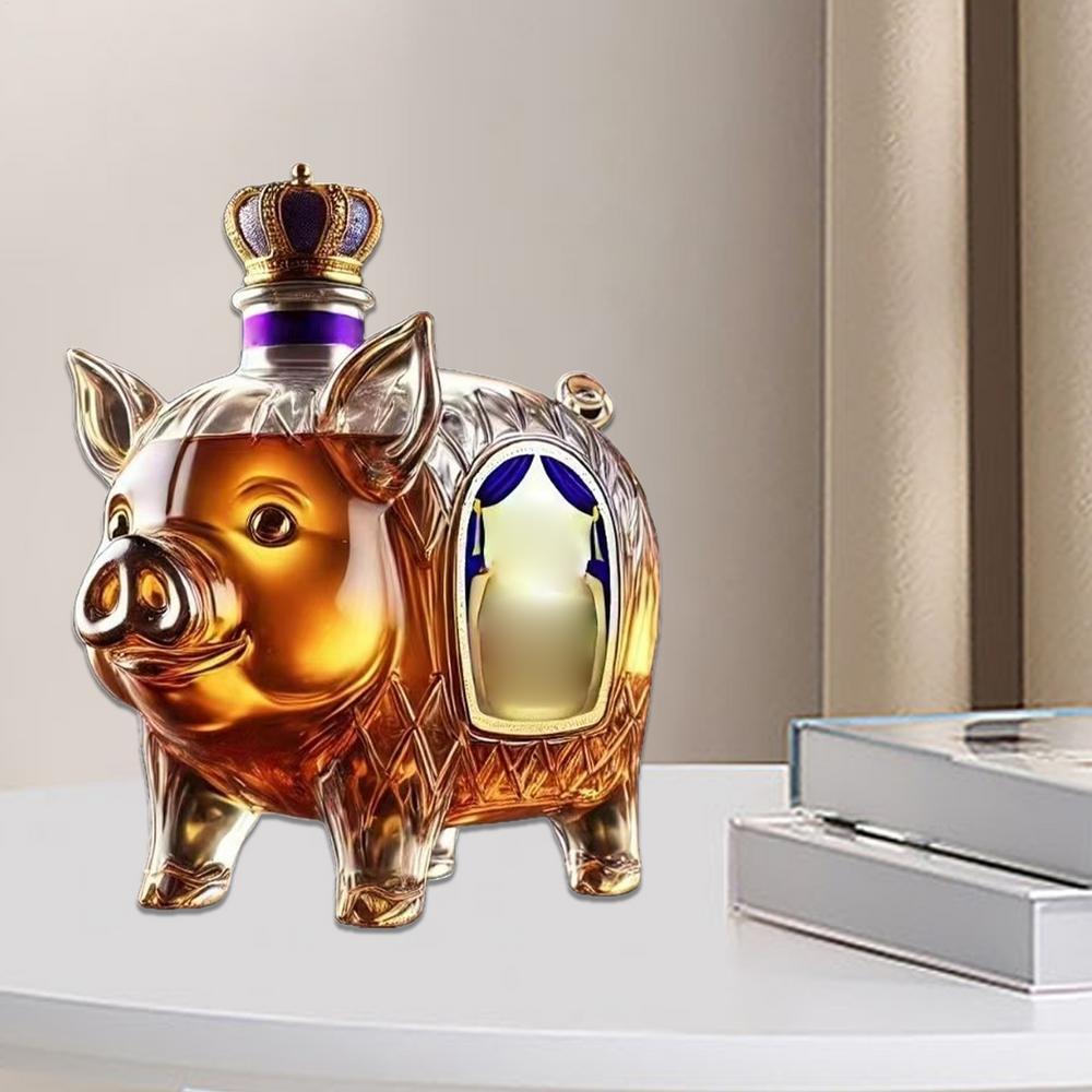 Tegooe Luxury Pig Decanter with Crown Stopper Novelty Glass Liquor Dispenser for Whiskey