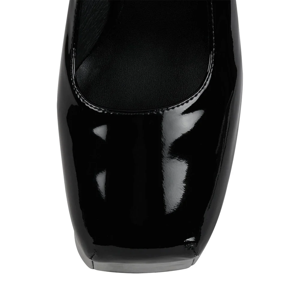 Black Square Toe Chunky Heel Mary Jane Platform Shoes with Buckle