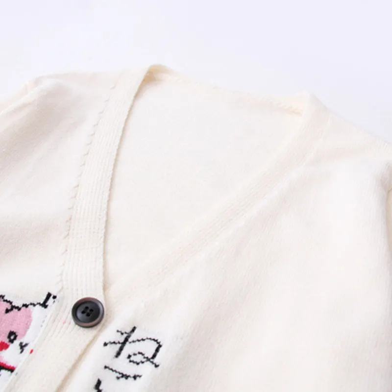 Cartoon Cat Print Cardigan Sweater Shirt Denim Pants Set