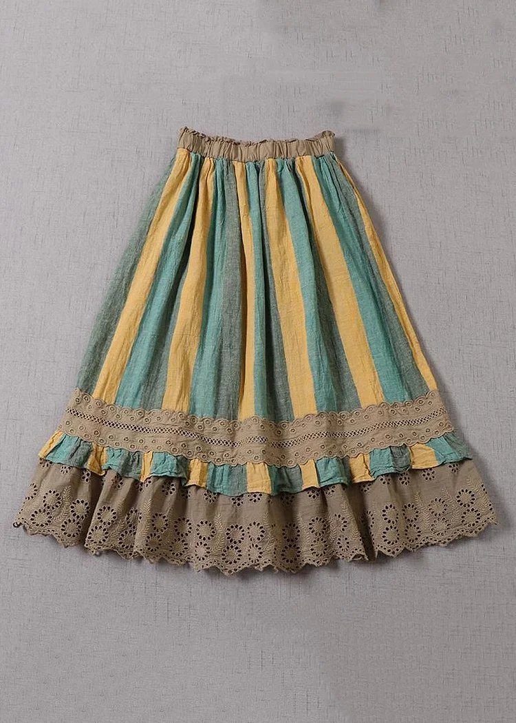 New Green Striped Hollow Out Lace Patchwork Linen Skirts Spring