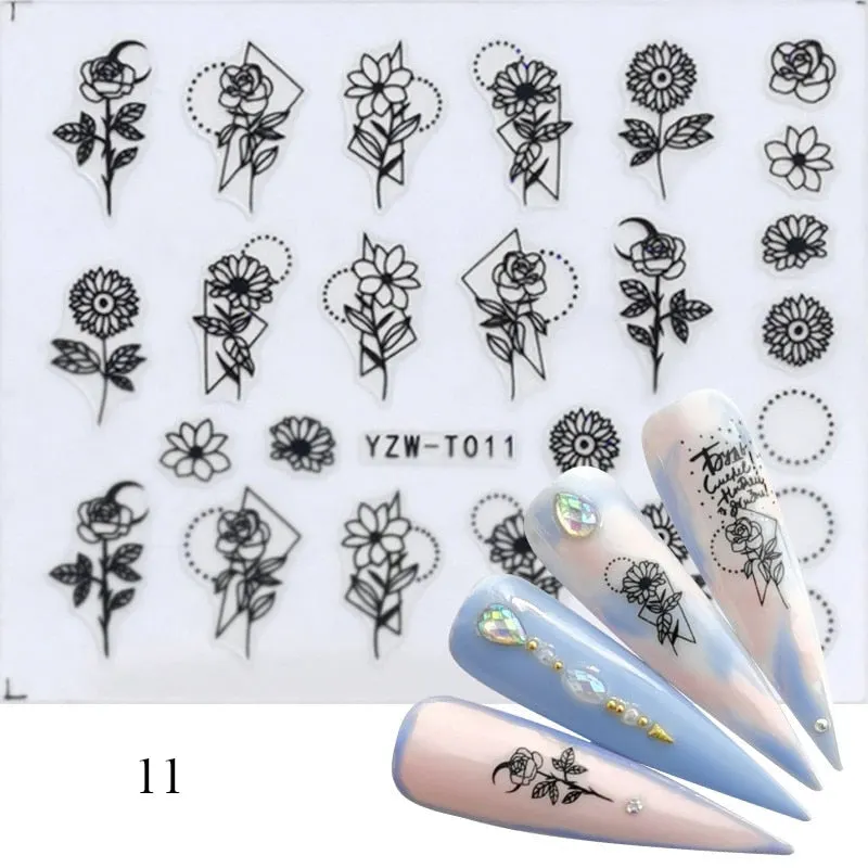 1 Sheet 3D Stickers For Nails Black Letter Leaf Flower Patterns Slider Nail Art Manicure Adhesive Tips Decals DIY Decorations-Nail Inspo