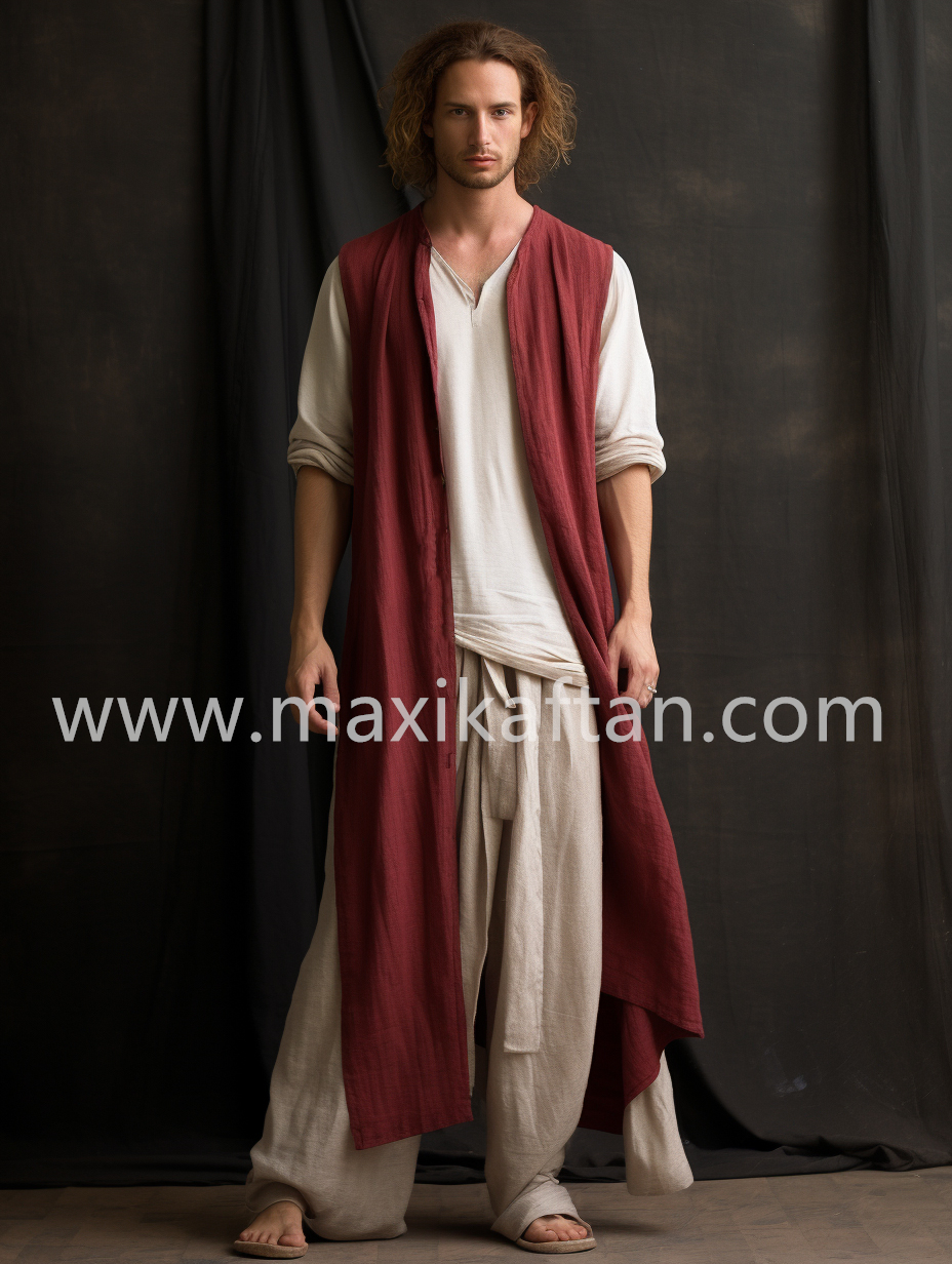 Wine Red Men Sleeveless Linen Long Cardigan