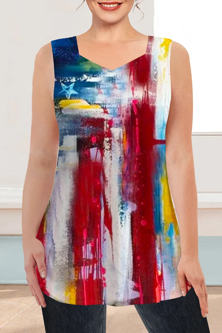 Flycurvy Plus Size Casual Multicolor Stars And Stripes Print Tank Top  Flycurvy [product_label]