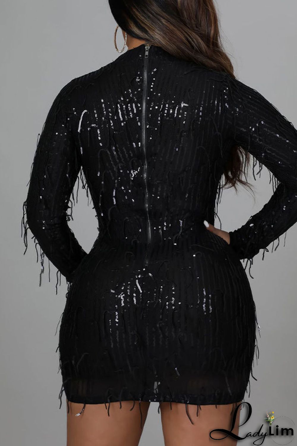 Black Sexy Solid Sequins Split Joint O Neck One Step Skirt Dresses