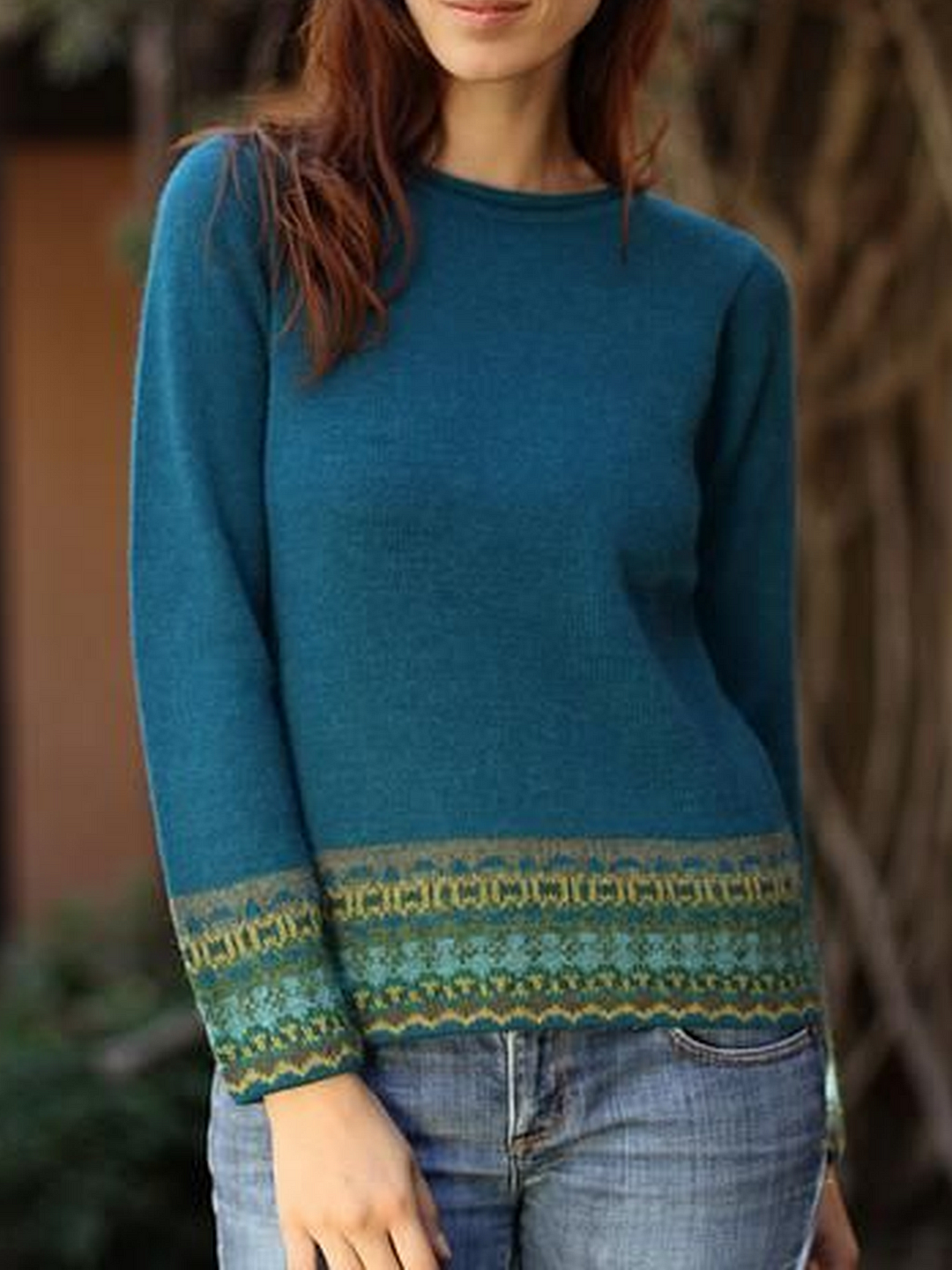 Blue Round Neck Long Sleeve Sweater | EGEMISS