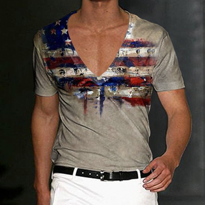 USA Lndependence Day Men's Flag Print Deep V Neck T-Shirt、、URBENIE