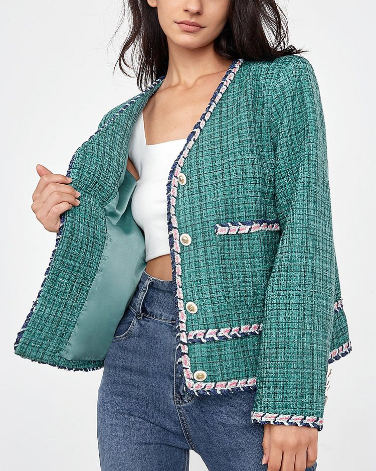 Casual V-neck tweed jacket