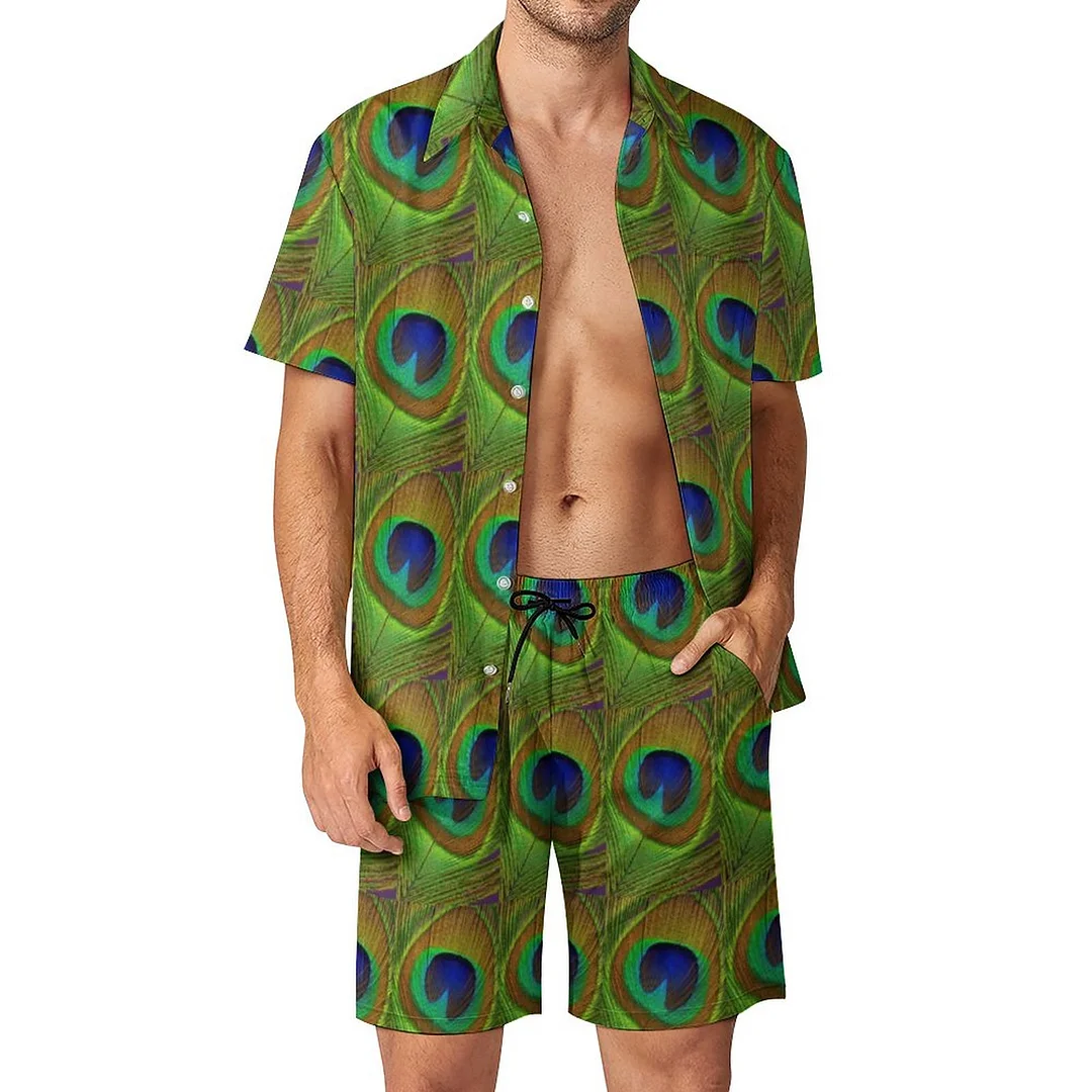 Yoga Peacock Feathers Blue Green Men Hawaiian 2 Piece Outfit Button Down Beach Shirt Shorts Set Tracksuit with Pockets