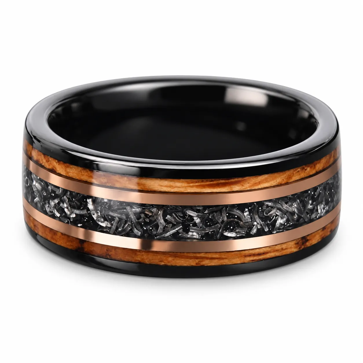  Men's 8mm Black Tungsten Ring with Oak Wood and Meteorite-Style Inlay