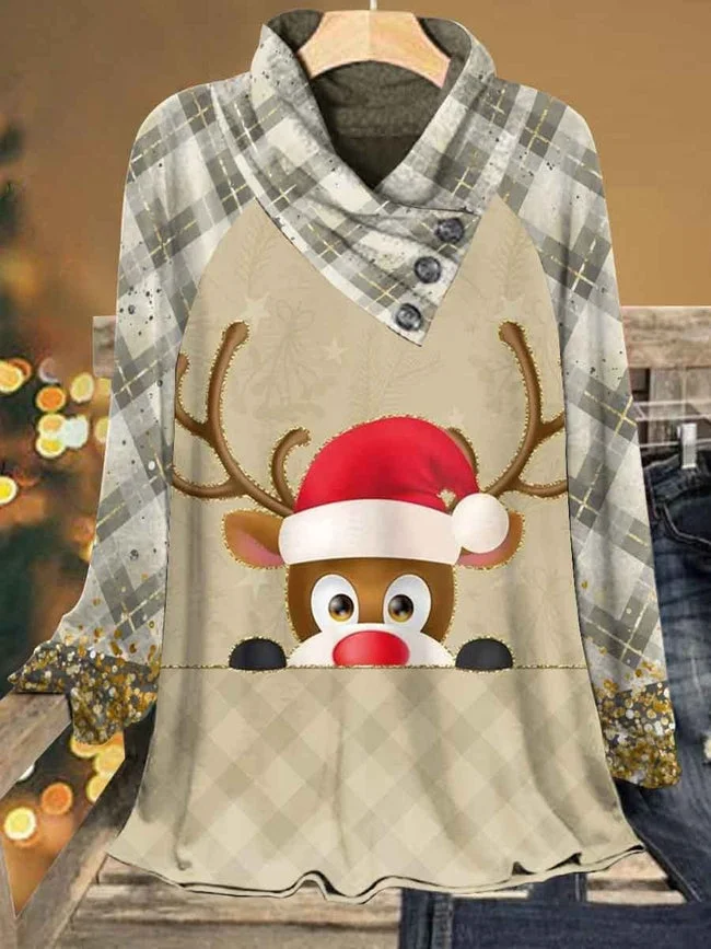 Cartoon Deer Plaid Printed Women's T-shirt