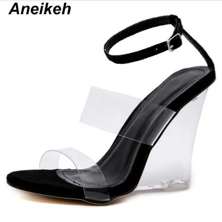 Aneikeh 2021 Classic PVC Sandals Women Transparent Heel Wedges High Heels Shoes Round Toe Summer Buckle Strap Black Champagne 40