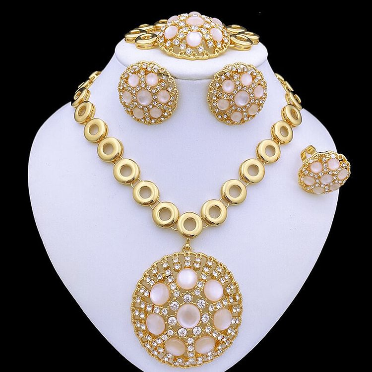 Italian Gold Plated Jewelry Set Rhinestones Jewelry Gold Color Necklace Earrings Set