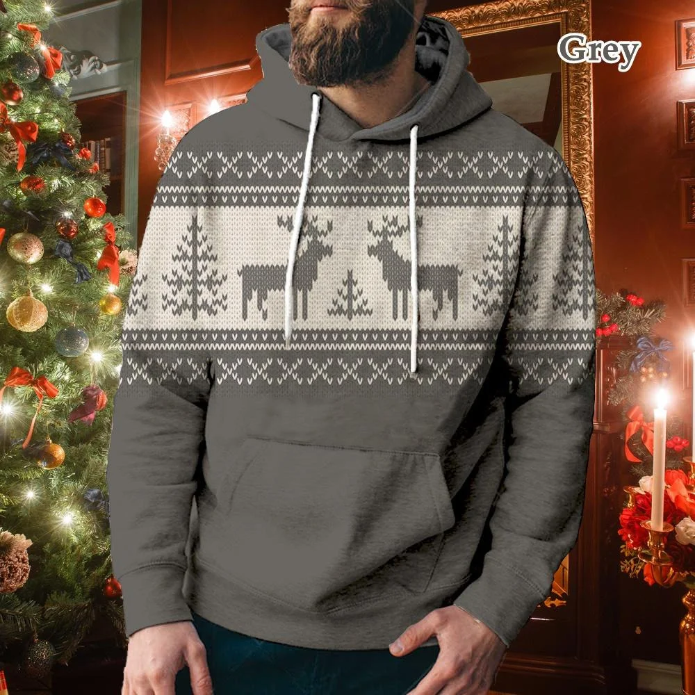 Men's Casual Sports Christmas Reindeer Series 3D Digital Printed Hooded Pullover