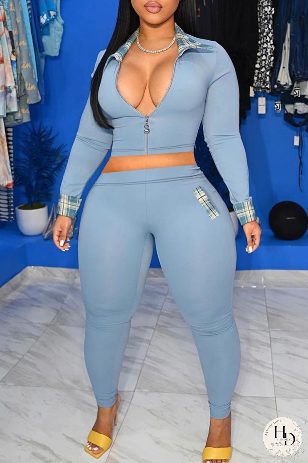 Yellow Fashion Casual Patchwork Zipper Turndown Collar Plus Size Two Pieces