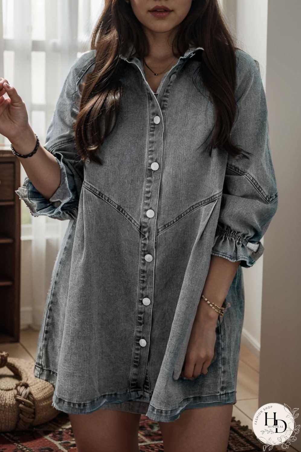 down loose short sleeve denim jean dress drop shoulder a line paneled peasant closed bateau v neck dress