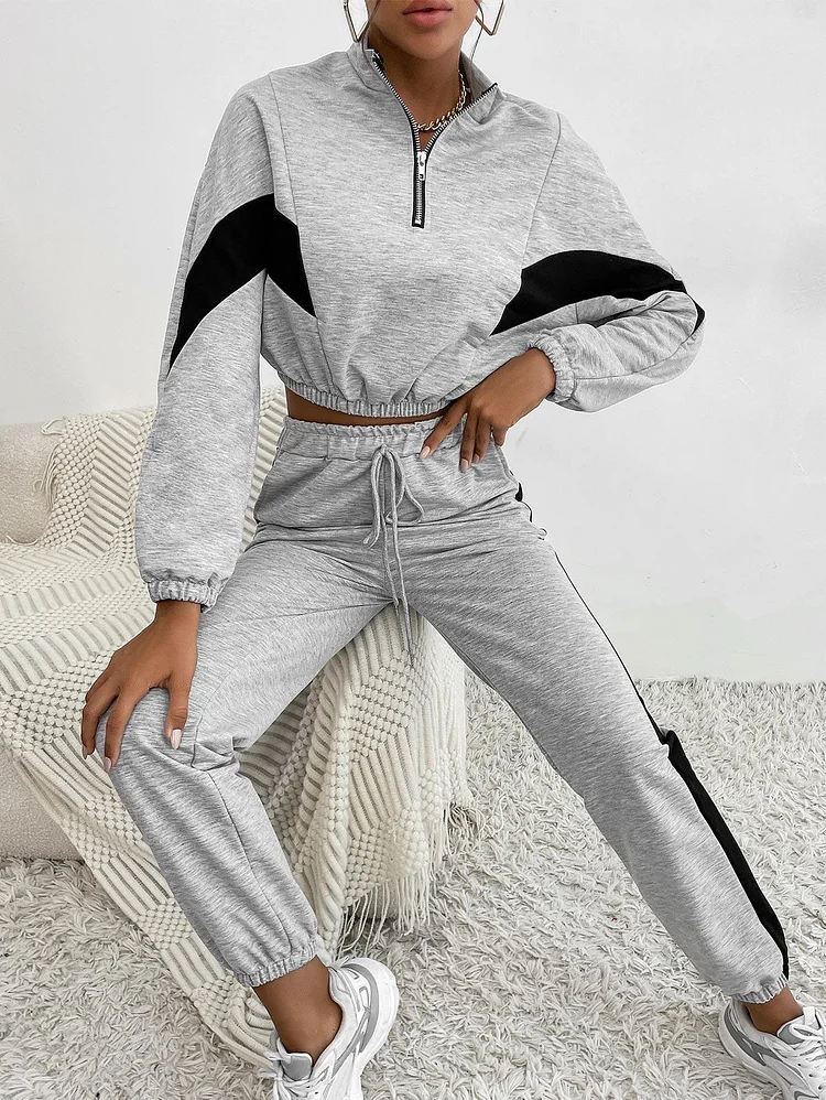 Women's Sport 2Piece Set Colorblock Half Zip Batwing Sleeve Sweatshirt And Jogger Pants Set - Light Gray L