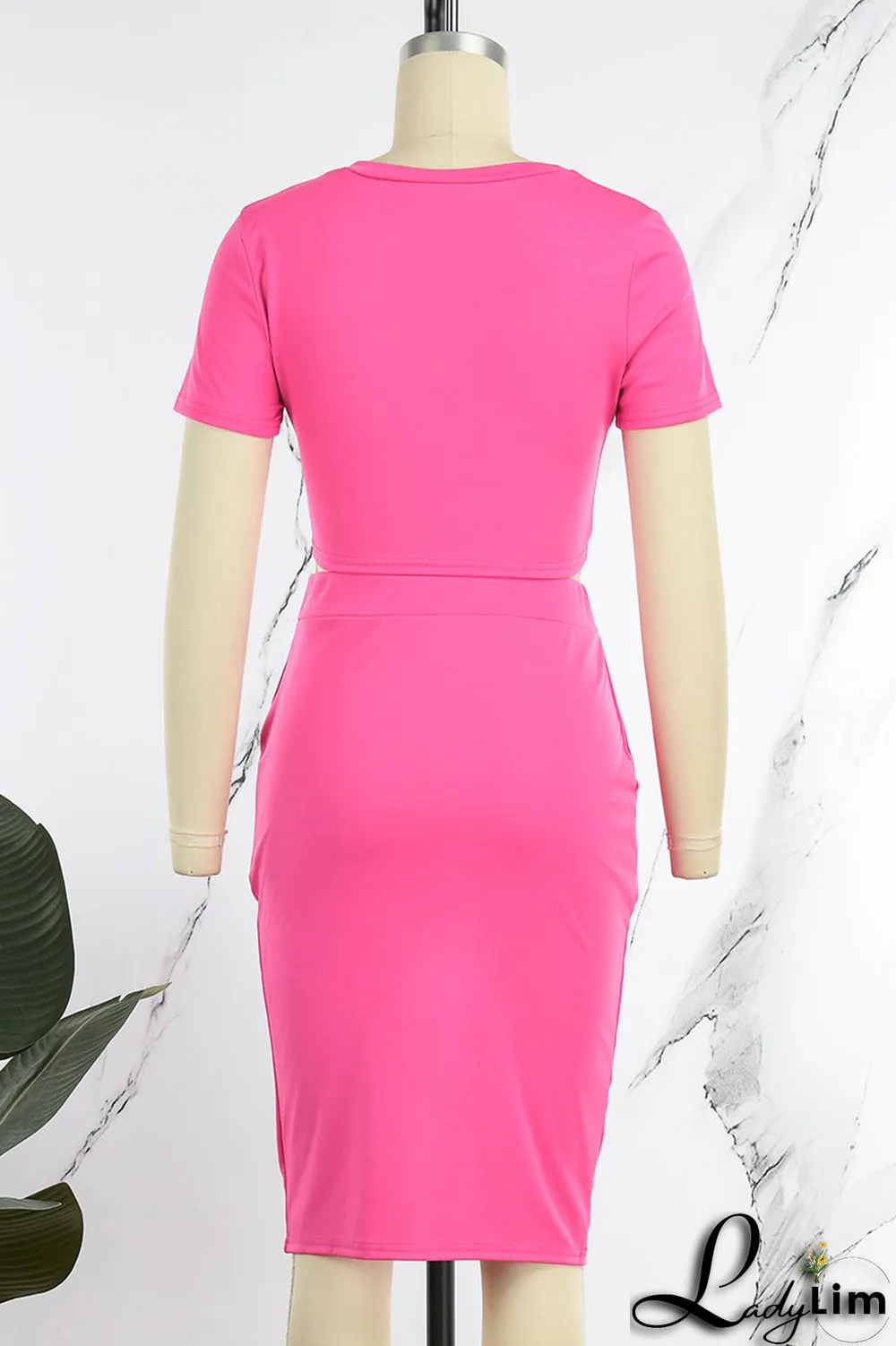 Rose Red Casual Solid Basic O Neck Short Sleeve Two Pieces