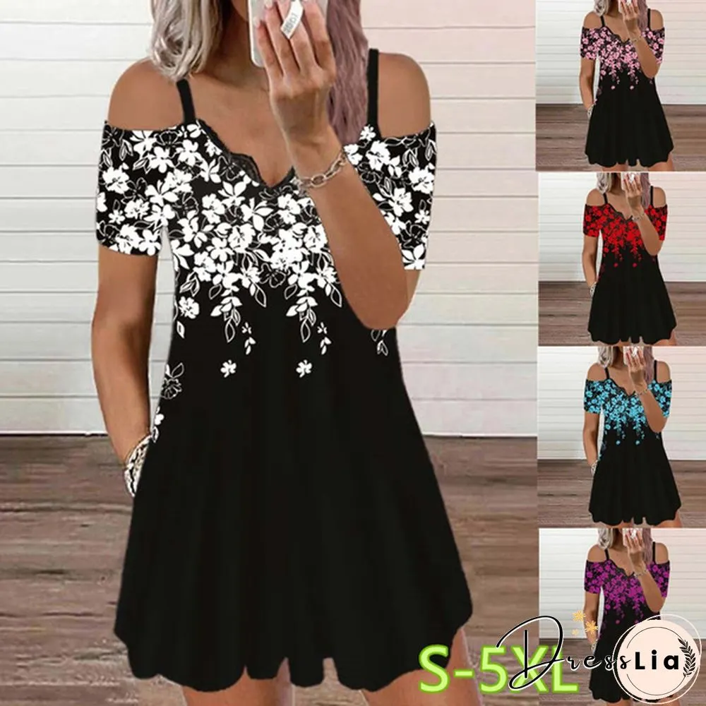 Womens Dress Summer New Fashion Lace V-neck Flower Printed Sexy Casual Short Sleeve