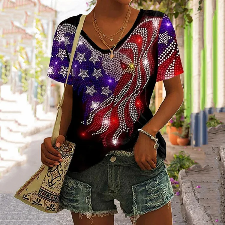 Women's Independence Day Eagle Star Sequins Art Print T-Shirt