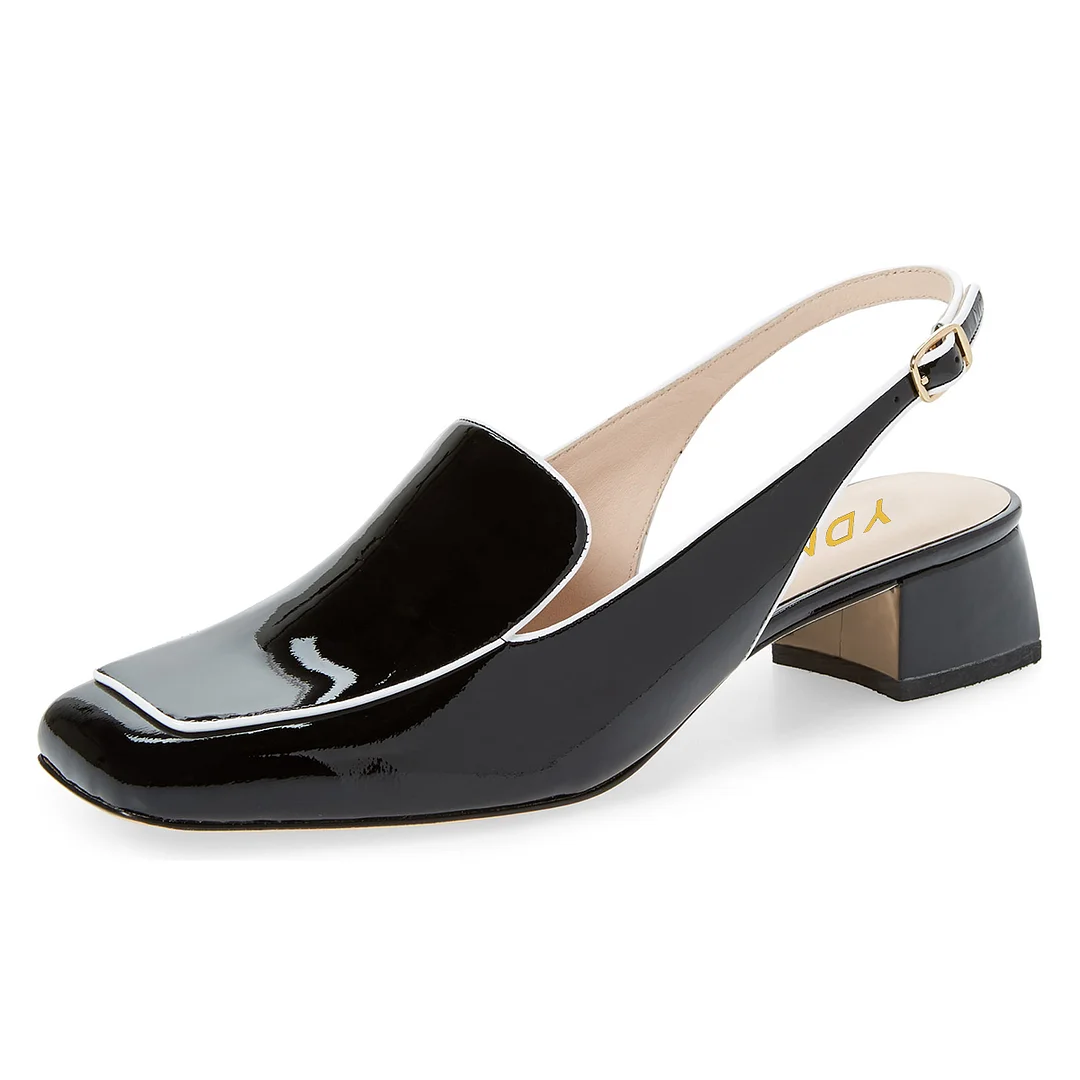 Shiny Black Patent Leather Block Heel Slingback Formal Loafers 