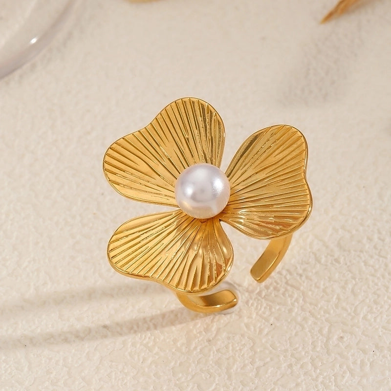 Elegant Flower 304 Stainless Steel Pearl Inlay Open Rings