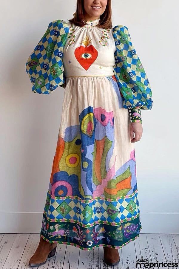 Dear To My Heart Unique Print Lantern Sleeve A-line Midi Dress