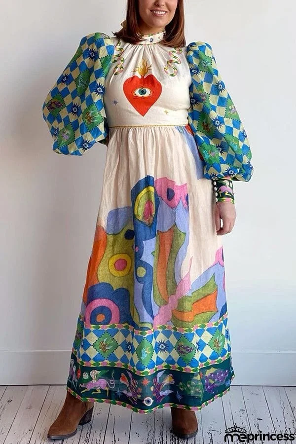 Dear To My Heart Unique Print Lantern Sleeve A-line Midi Dress