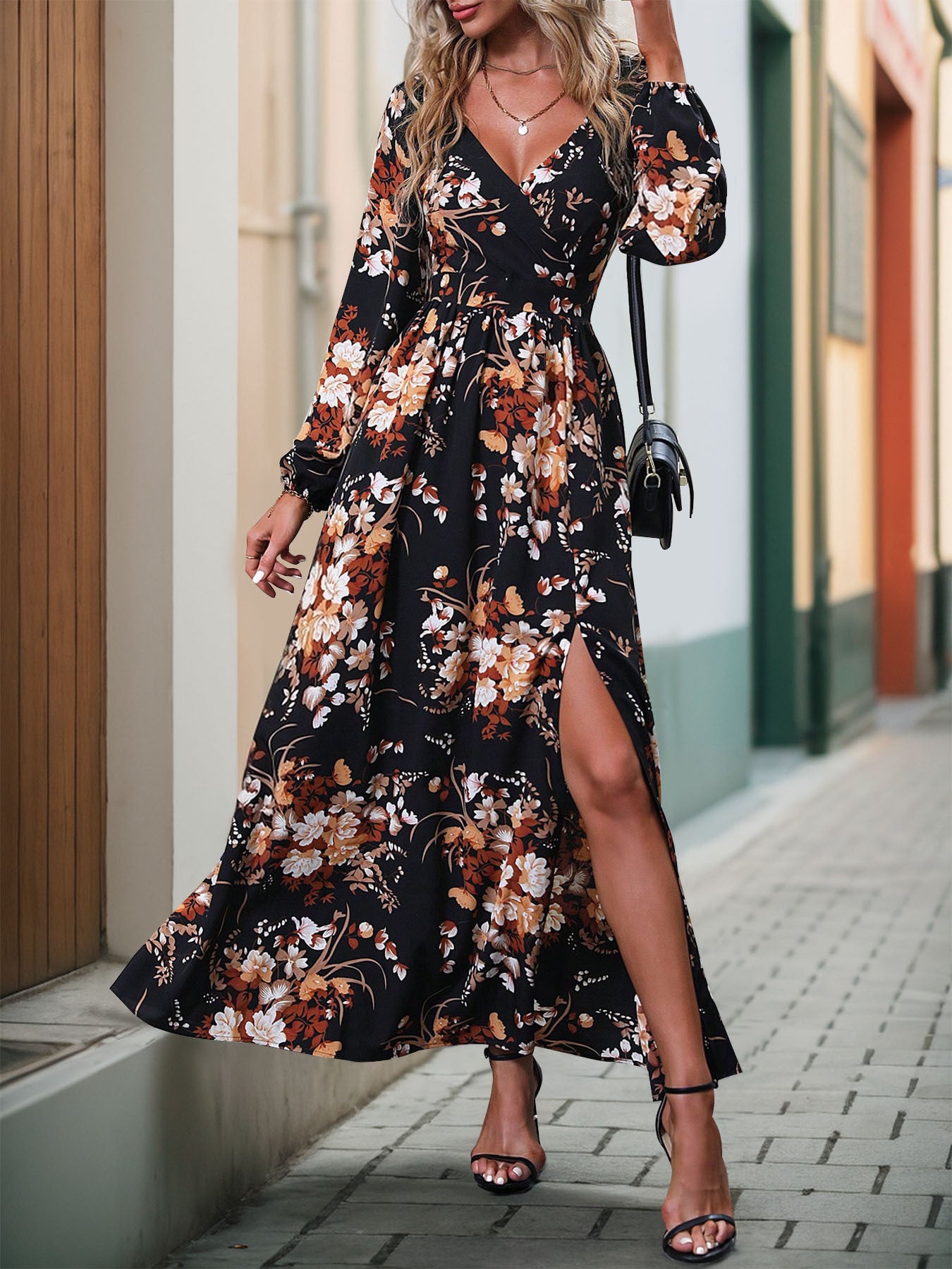 Women's Long Sleeve V-neck Floral Printed Slit Midi Dress