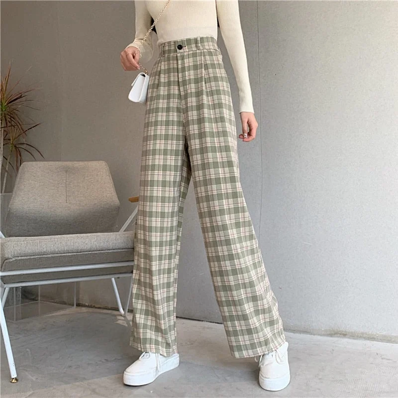 Zoki Plaid Women Pants Elastic High Waist Korean Fashion Plus Size Loose Spring Ladies Full Straight Pants Casual Trousers S-4XL