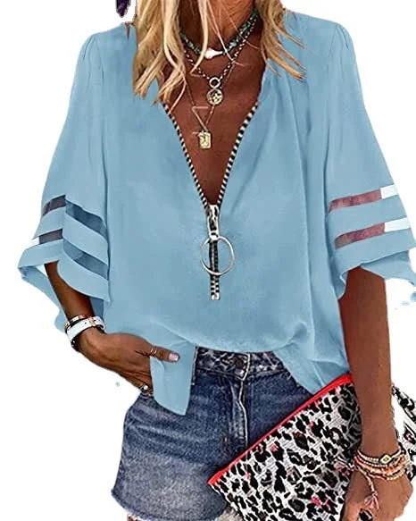 Brownm Zipper Half Bell Sleeve Mesh Solid Color Stitching Loose Casual Women's Shirt