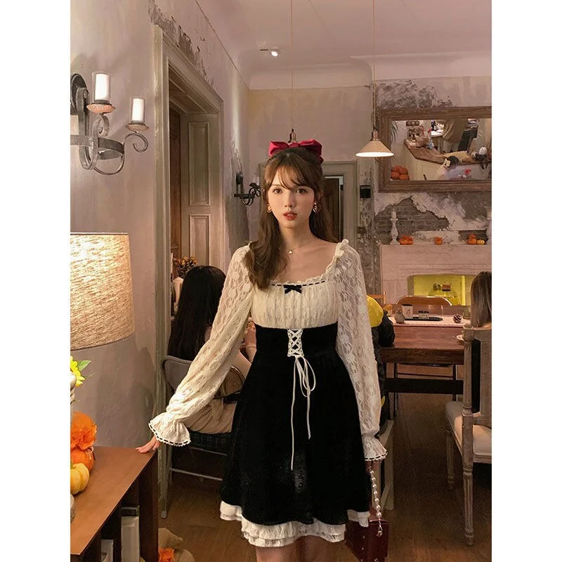 French Vintage Skater Dress Women 2021 Spring Casual Kawaii Lace Slim Dress Korean Elegant Retro Fairy Dress Female Cute Chic