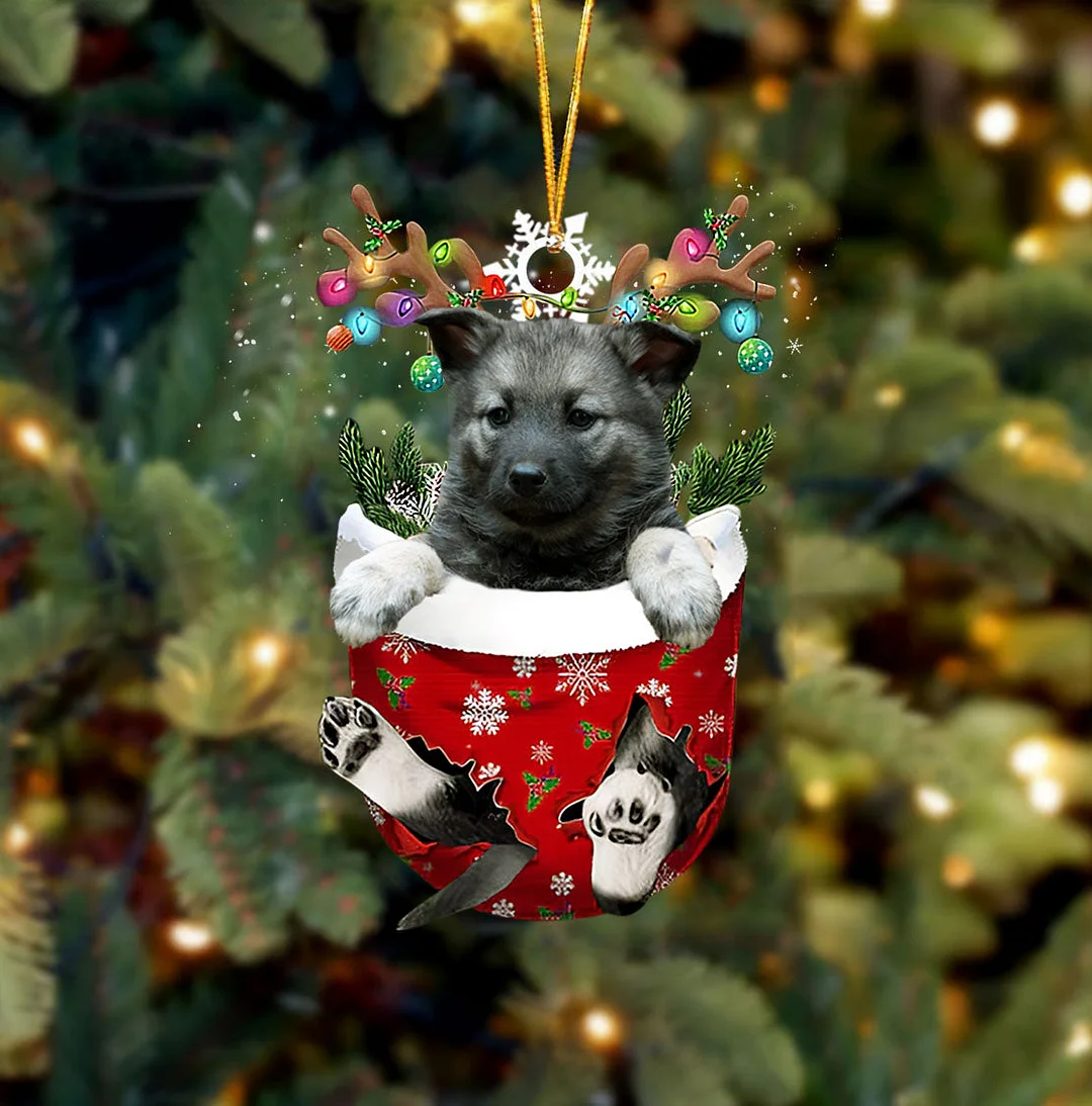 Norwegian Elkhounds In Snow Pocket Christmas Ornament.