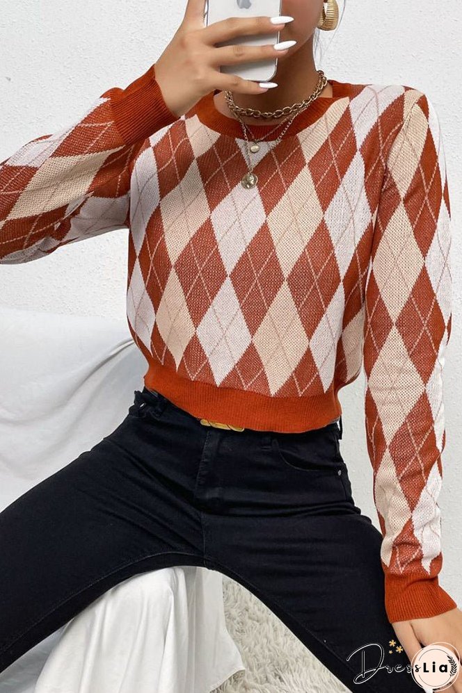 Brown Diamond Knit Pullover Sweaters