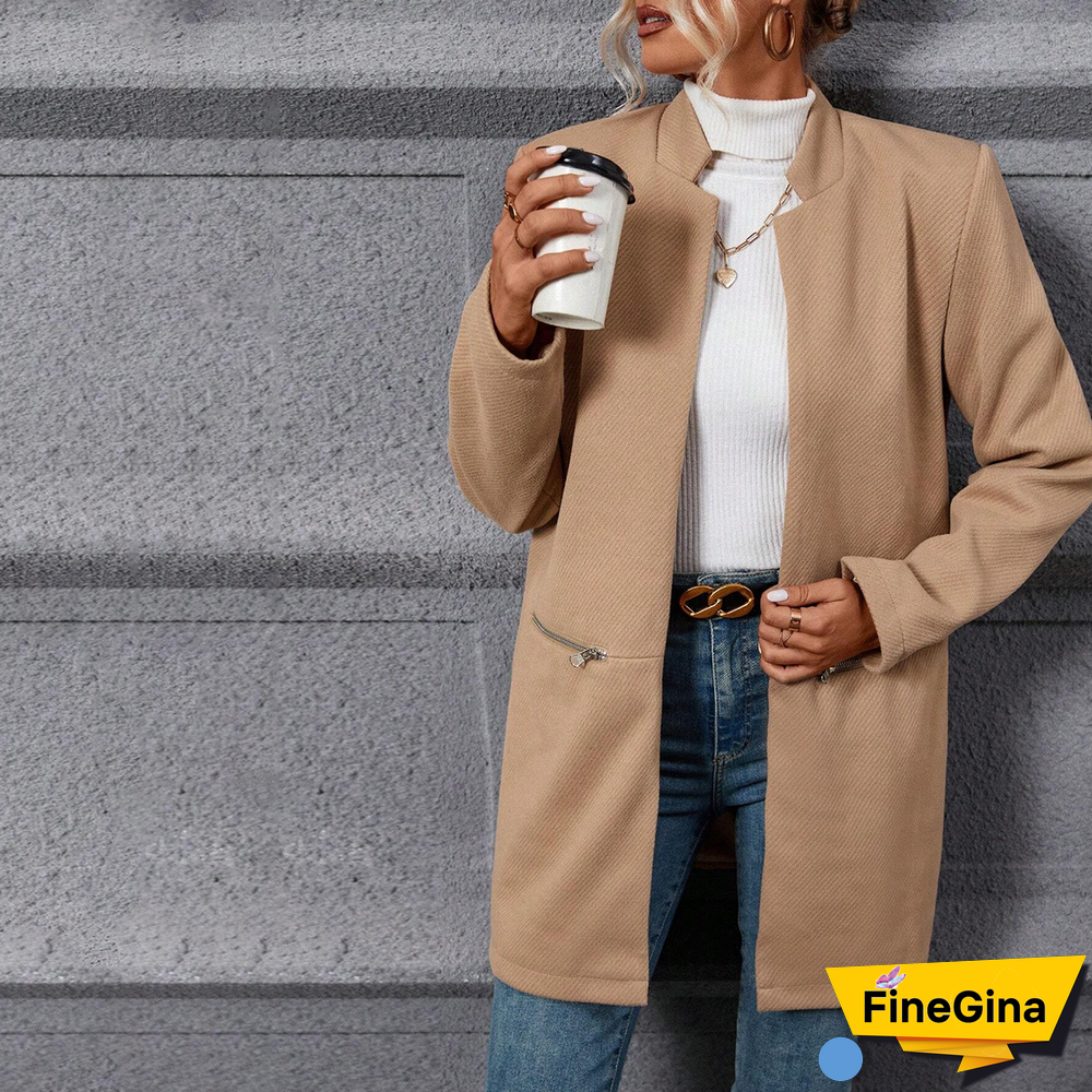 Brown Plain Long Sleeve Outerwear