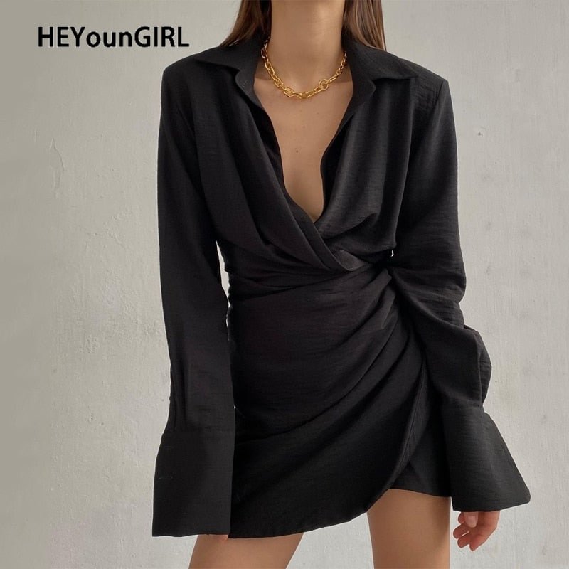 HEYounGIRL Elegant V Neck Sexy Long Sleeve Shirt Dress Women Autumn Black White Ruched Casual Short Dresses Ladies Streetwear