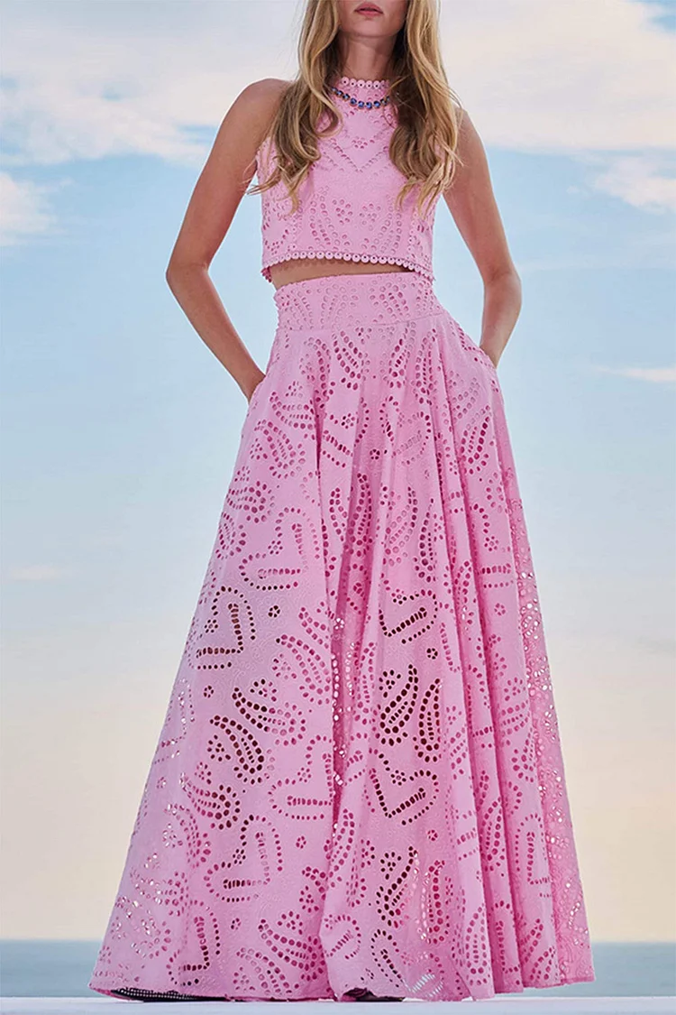 Vacation Pink Sleeveless Hollow Out Pocket Two Piece Skirt Set