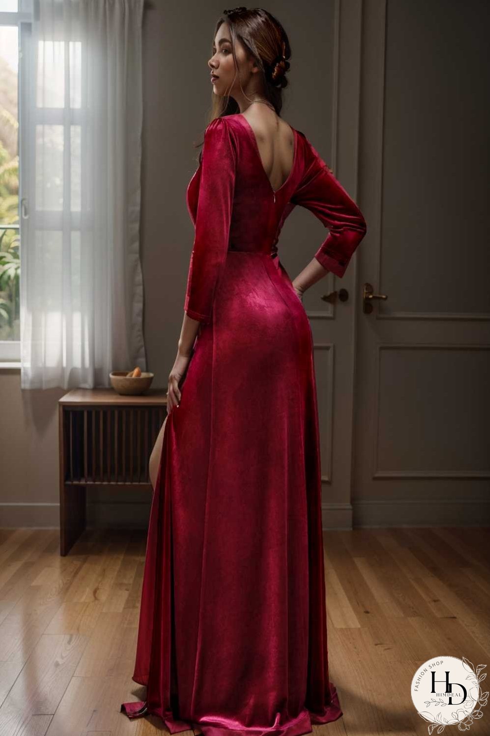velvet 3 4 length sleeve illusion v neck front slit evening dress