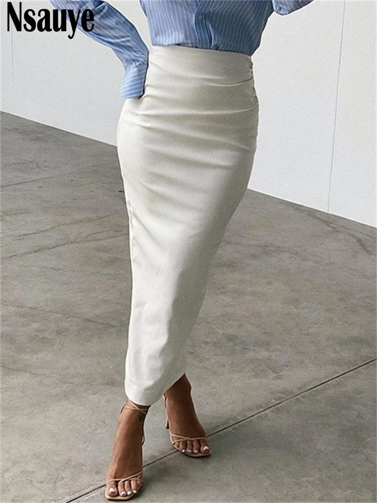 Nsauye 2021 Fashion Women Black White PU Leather Long Skinny Skirt Sexy Club Y2K High Waisted Split Skirt Autumn Winter 2021